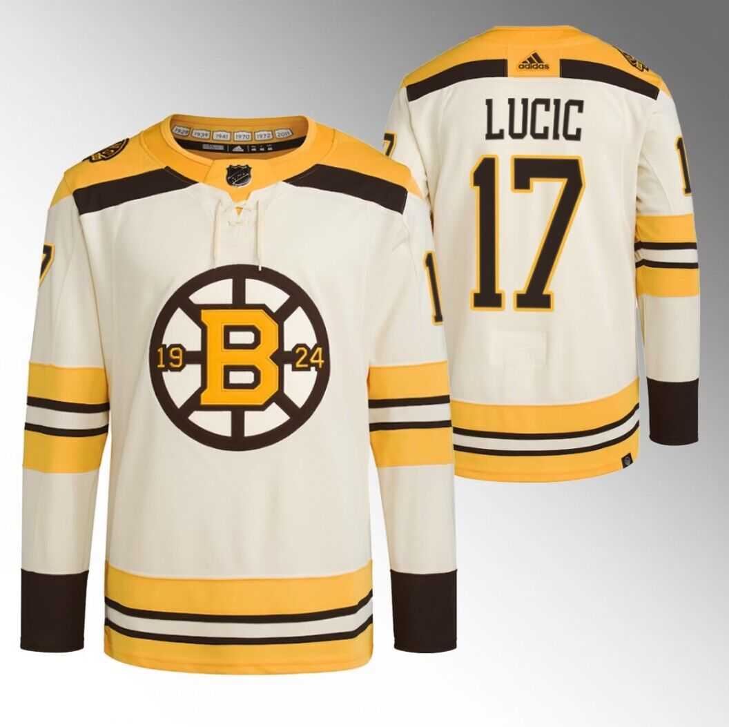 Men%27s Boston Bruins #17 Milan Lucic Cream 100th Anniversary StitchedStitched Jersey Dzhi